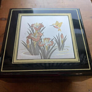 VTG Japan Art Of Chokin Flowers & Bird Black Lacquer Music Jewelry Box Red Inner